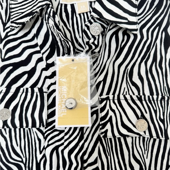 Michael Kors Womens Zebra Print Tunic Top XS Black Button Down Linen Blend NWT - Picture 7 of 14